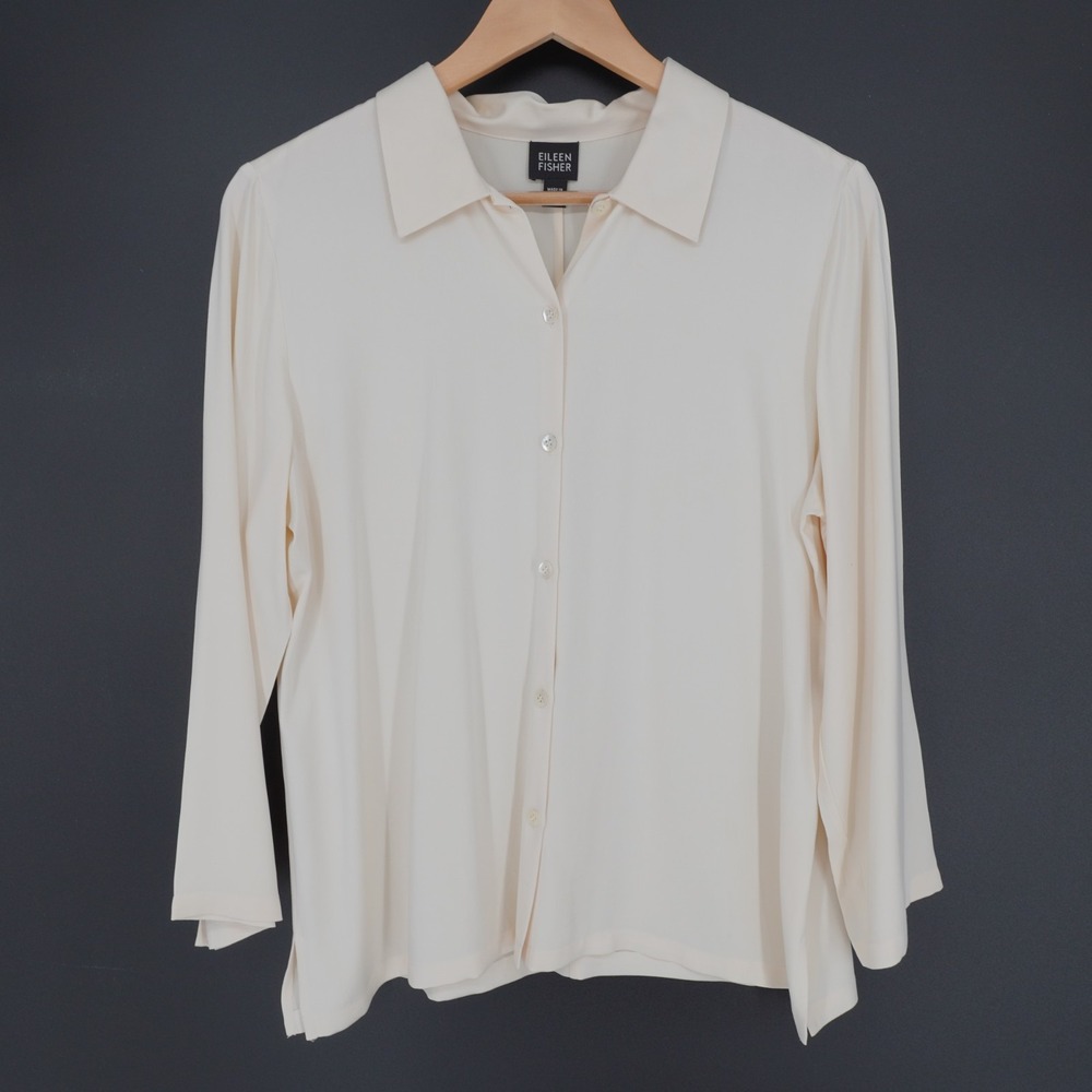 Eileen Fisher 100% Silk Button Down Shirt Womens M Ivory Blouse Minimalist